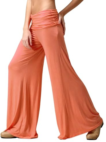 Anuedgis Women's Fold-Over Yoga Pants Loose Wide Leg Flared Stretchy Jersey Lounge Pants for Summer Casual Workout Pilates Dance (Coral, M)