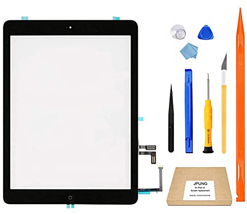 JPUNG Pantalla táctil de repuesto para iPad Air digitalizador de 1ª generación, solo para A1474 A1475 A1476, con botón de inicio, kit de reparación completo, soporte para cámara