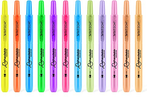 WRITECH Retractable Highlighters Assorted Colors: Chisel Tip Click Aesthetic Highlighter Marker Pens Pack Multi Colored Ink No Bleed Smear for Highlighting Journaling (12ct Neon+Pastel)