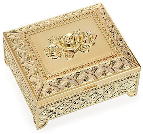 IGNPION Metal Jewelry Box Rose Engraved Trinket Holder Earrings Rings Trinket Storage box Jewelry Keepsake Ornate Display Case for Birthday, Wedding, Mothers Days Gifts, Gold