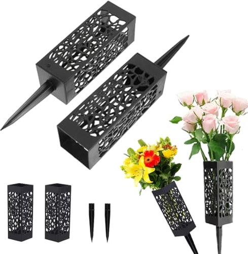 4 soportes de flores para tumba, jarrones de tumba con pincho, soporte floral para cementerio conmemorativo para lápida, tumba al aire libre, marcador de flores (negro)