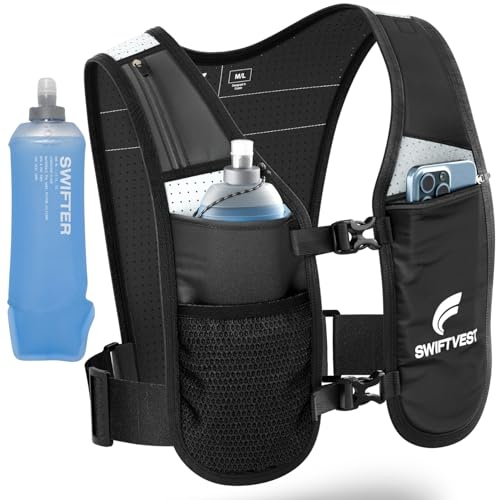 SWIFTVEST Running Vest for Women & Men with Water Bottle | Lightweight Hydration Vest | Reflective Running Gear | Adjustable Fit | 6 Pockets | Phone Holder for Runners