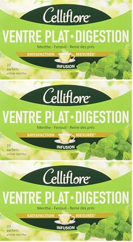 CELLIFLORE - Infusion Ventre Plat - Digestion - A Base de Menthe/Fenouil/Reine des Près - 20 Sachets (Lot de 3)