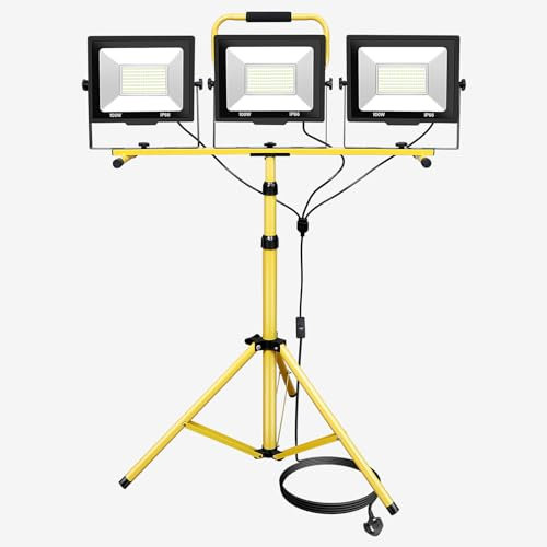 PICAA 300W(3 * 100W) Foco LED con Trípode Telescópico, 6000K Luz de Trabajo Portátil con Enchufe, Interior y Exterior Proyector Led para Taller, Obra de Construcción, Garaje, Jardín