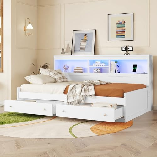 Cama de día, 90 x 200 cm, sofá cama, cama con 2 puertos USB y 2 puertos de carga, iluminación ambiental, cama con dos cajones, (sin colchón), tablero de partículas, color blanco, 203 x 115 x 90 cm