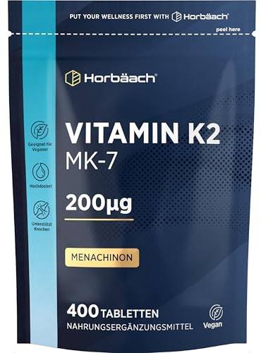 Vitamine K2 MK7 200mcg | 400 Comprimés Vegan Fort Dosage | Ménaquinone MK-7 Très Puissante | Contribue au Maintien d'une Ossature Normale & Coagulation Sanguine | Complément Alimentaire | Horbaach