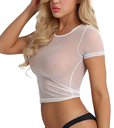 Gatamiau Women's Sexy See-Through Short Sleeve Cropped Top Transparent Temptation T-Shirt Sheer Mesh Slim Fit Blouse Party Clubwear Tops Soft and Elastic (UK, Alpha, M, Regular, Regular, White)
