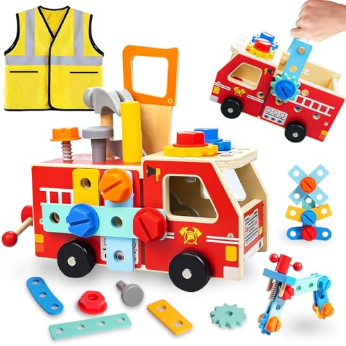 Caunedy Montessori Wooden Tool Set for Toddlers, Educational Pretend Play Construction Toy with Saw,Wrench and Screwdriver,Kids Construction Kits for Kids Ages 3-5 Years Old