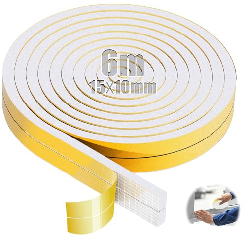 SWTYExt Cinta de sellado autoadhesiva, 15 mm (ancho) x 10 mm (D) de goma espuma autoadhesiva, 6 m, cinta de espuma para juntas de ventanas, puertas y placas de cocina
