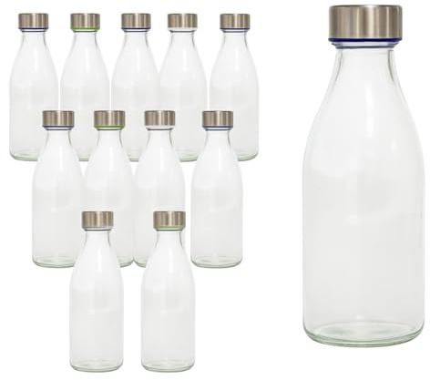 PALUPLUS Set 12 Bottiglie in Vetro Trasparente, Capacità 1000ml, Tappo a Vite con Chiusura Ermetica, Design Elegante, Bottiglia per Acqua e Succhi -GERIM5506F-8