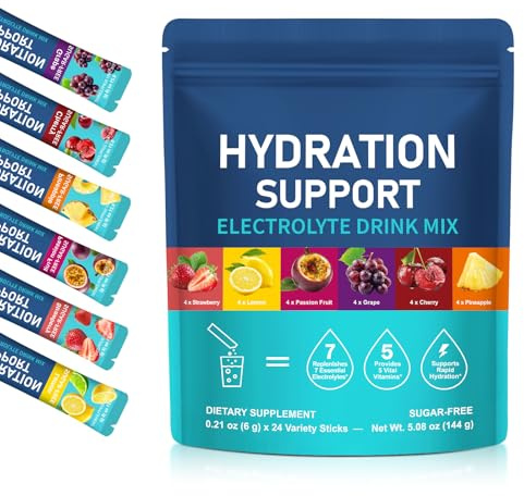 Elektrolyte Pulver Hydration Stick-Pack – 24 Portionen Varianten – 7 Essenzielle Mineralstoffe & 5 Vitamine – Zuckerfrei & Kalorienarm – Unterstützung für Energiestoffwechsel & Vitalität