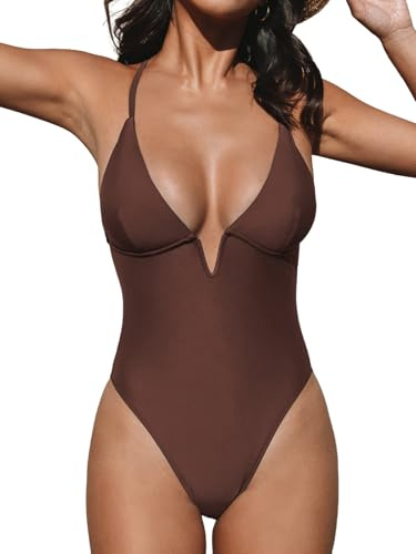 CUPSHE Women's One Piece Swimsuit Deep V Wire Neck Crisscross Back Adjustable Strap Slimming Swimwear Swimming Costume Chocolate Brown L