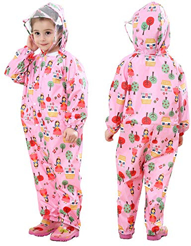 JinBei Kids Puddle Suit Girls All in One Waterproof Hooded Lightweight Raincoat Pink Floral Rainwear Colorful Pattern Portable Breathable PVC Transparent Hat Brim Zipper Rainsuit 5-7 Years