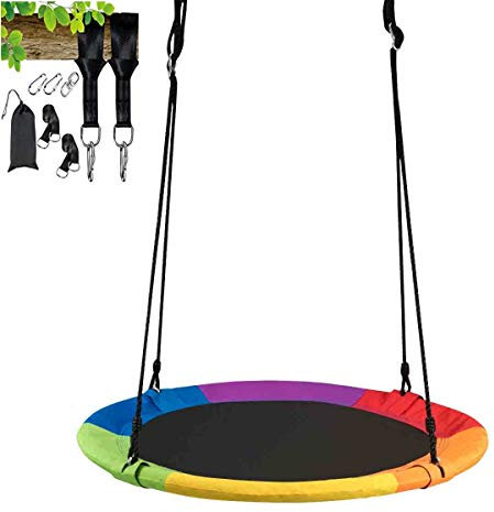 COSTWAY Nestschaukel mit Aufhängegurten, Outdoor Schaukel, Kinderschaukel mit 100-160 cm verstellbarem Seil, Baumschaukel bis 150 kg belastbar, Rundschaukel für Kinder & Erwachsene (Bunt)