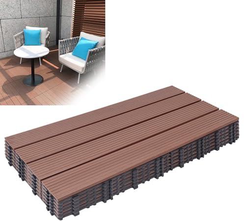 Froadp WPC Revêtement de sol Extérieur, 60x30cm Dalles de Terrasse Set, Carreaux de Jardin Imperméable avec Système de Drainage, Carrelage Clipsable Antidérapants pour Balcon(3m², Marron)