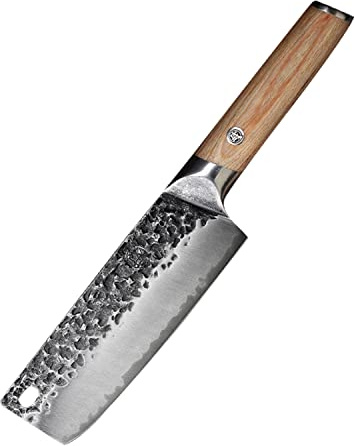 MITSUMOTO SAKARI Japanese Nakiri Knife 7 Inch, Hand Forged SKD-11 High Carbon Steel Vegetable Knife, Ultra-Sharp Thin Blade, Pakkawood Handle for Home & Pro