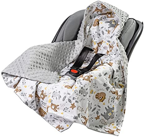 Medi Partners Einschlagdecke 100% Baumwolle 85x85cm Kuscheldecke für Kinderwagen Babyschale universal Baby Decke doppelseitig Babydecke Buggy Autositz (REH mit grauem Minky)