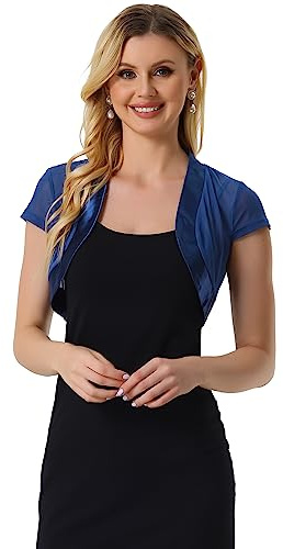 Allegra K Women's Satin Shrug Bolero Cap Sleeve Business Open Front Mesh Crop Cardigan, Blue, L