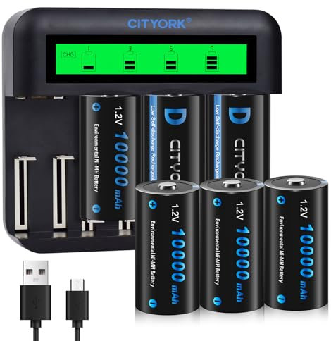 CITYORK 6 Piezas 10000mAh Pilas D Recargables con Cargador de Pilas de 8 Ranuras para Baterías Recargables AA/AAA/C/D Ni-MH