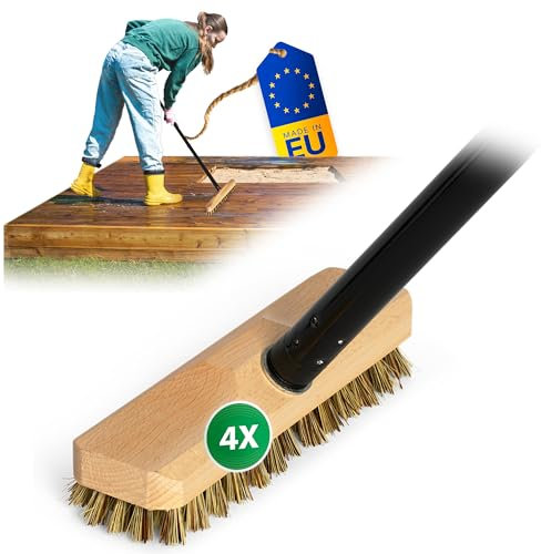 Novaliv 4X Schrubber aus Holz mit Union Borsten und Schraub- Steckstiel vierteilig Wischer mit Gewinde Scheuerbürste Boden Bürste Indoor Outdoor Besen wurzelbürste mit stiel