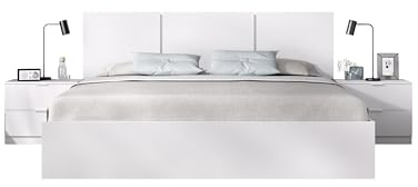 DEKIT GRUPO RIMOBEL HAVANA - Testiera con tre pannelli e due comodini con due cassetti e cornice letto 135/140X190 – BIANCO – 96 x 256,8 x 195,4 cm