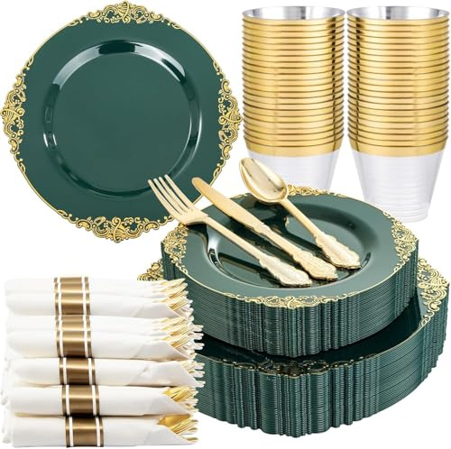Nervure 175PCS Green Plastic Plates - Disposable Green Gold Party Plates & Pre Rolled Napkins with Cutlery for 25 Guests, 50Plates, 75Silverware, 25Cups, 25Napkin for Wedding & Party & St Patricks Day
