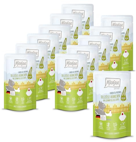 MjAMjAM - Premium Nourriture Humide pour Chats - Quetschie - Chicks & Friends Poulet à la courgette Vapeur, Paquet de 12 (12 x 125g), sans céréales
