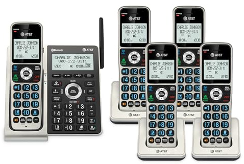 AT&T BL3107-5 DECT 6.0 5-Handset Cordless Phone with Bluetooth Connect to Cell, Smart Call Blocker, Digital Answering System, Extended Range, Big Buttons - Titanium Black