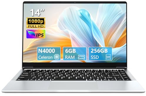 Ordinateur Portable 14,1 Pouces, Win11 PC Portable Celeron N4000 CPU, PC Portable 6Go RAM 256Go SSD, Laptop avec 180°Flip 1080P IPS Écran, WiFi+USB 3.0+BT4.2+Mini HDMI+TF Card Slot, UHD Graphics