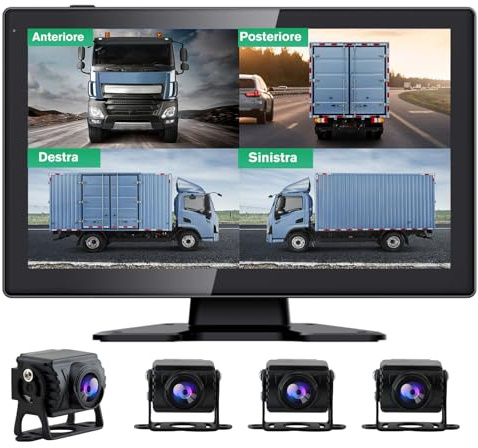 Hexinex Telecamera Retromarcia 10.1 Pollici 4 Canali 1080P, Sistema Monitor Retrovisore con Visione Notturna e Impermeabile per Auto/Camion/Camper (Anteriore, Posteriore, Laterale)