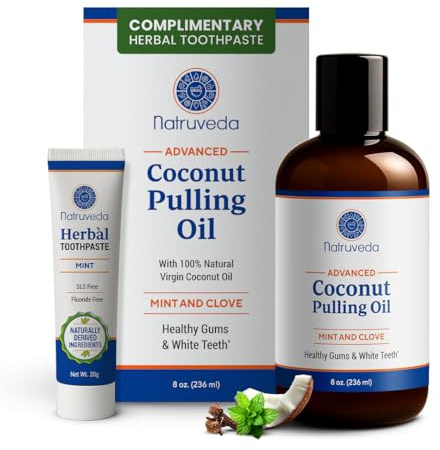 Natruveda Coconut Oil Pulling Mouthwash – 8 oz, Virgin Clove & Mint Blend, Ayurvedic Oral Rinse for Teeth Whitening, Natural Mouthwash for Gums, Gentle Pulling Oil for Daily Use
