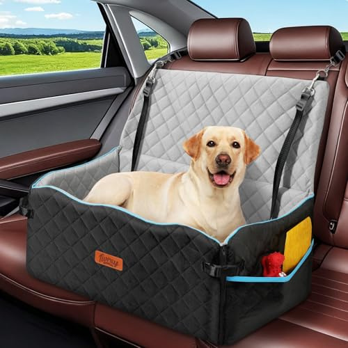 Tivray Seggiolino Auto per Cani, Letto Auto per Cani Grandi fino a 27kg o 2 Cani Piccoli, Cuscino Schiuma Morbida, Letto per Sedile Posteriore, Sfoderabile e Lavabile, Comodo e Sicuro, Nero & Grigio