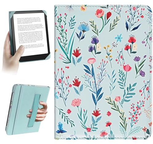 HoYiXi Custodia Universale for 6'' Kindle Paperwhite/6 Kindle 2024 & 2022/Kobo Clara HD Compatibile con 6'' PocketBook/Tolino/Sony E-Book Reader Cover,Fiori blu