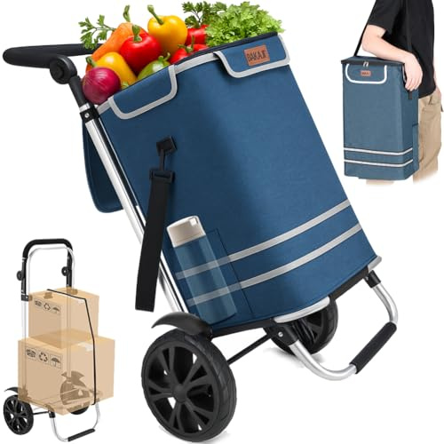 BAKAJI Carrello Spesa 3 in 1 Pieghevole borsa a Sacco Capacità di 56 Litri, Carrellino a Mano Portaspesa e Portapacchi Carico 30 kg con Manico Ergonomico, Ruote e Tracolla, Trolley Salvaspazio (Blu)