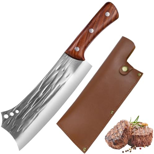 Fubinaty Japanese Chef Knife 8 Inch Cooking Knife Handmade Forged Full Tang High Carbon Steel with Leather Sheath for Kitchen Cutting Bones