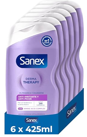Sanex Derma Therapy Aceite de Ducha Anti-Irritante y Anti-Picor, 6 x 425ml| aceite de ducha para el picor de la piel | para piel con tendencia a eczema atópico | complejo de aminoácidos con omega-3