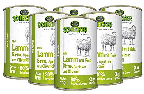 Schecker Nassfutter - Hundemenü - mit 80% Lamm mit Reis - 6 x 410 g Kamille - glutenfrei