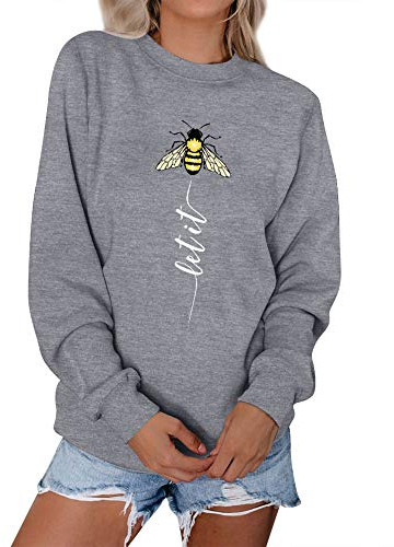 Dresswel Women Let It Bee Sweatshirt Bee Keepers Pullover Crew Neck Long Sleeve Tops Jumpers Blouse (Grey, L)