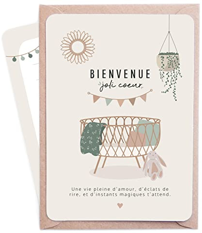 Manahia Carte Naissance Bienvenue Joli Cœur - Félicitations Nouveaux Parents - Carte Bébé Fille & Garçon avec Enveloppe Kraft - Fabriqué en France - Idée Cadeau Originale