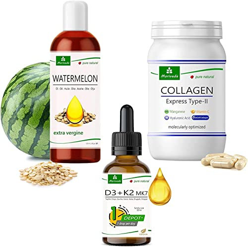 MoriVeda® Pacchetto prodotti Skin & Hair | Gocce di vitamina D3+K2, Capsule di collagene BioCell con formula express, Watermelonseedoil | vitamine, antiossidanti, aminoacidi