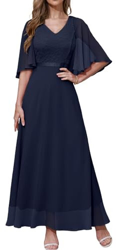 DRESSTELLS Damen Hochzeitsgast Abendkleider Elegant für Hochzeit Chiffon Cape Ärmel Brautjungfer Kleider Navy L