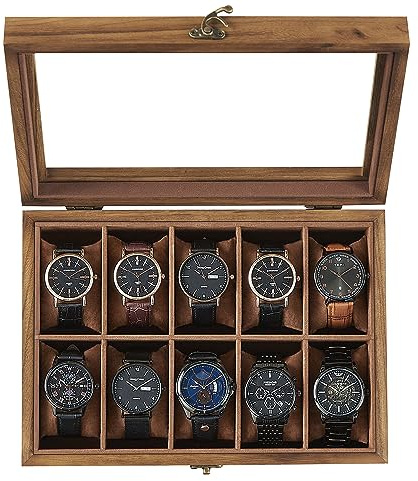 SONGMICS 10-Slot Watch Box, Watch Display Case with Large Glass Lid, Removable Watch Pillows, Velvet Lining, Gift Idea, Rustic Walnut UJOW100K01