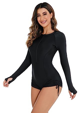 Long Sleeve Swimsuits for Women, Rash Guard for Women, Floral Swim Shirt Boyleg Bottoms Swimwear Bathing Suit Zipper Surfing Wetsuit Snorkeling Suit UV Protection Swimming Costume All Black XL