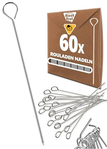 Menz Rouladennadeln - Rouladennadeln Edelstahl rostfrei 60 Stück im SET, 10 cm lange Rouladenspieße mit Grifföse und scharfer Spitze als Alternative zu Rouladenklammern