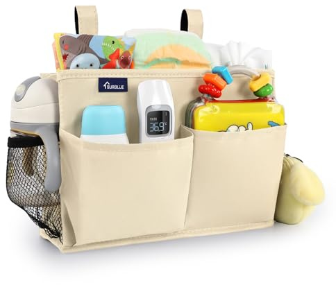 Surblue Bedside Caddy Hanging Organizer Storage Bag Pocket for Bunk, Hospital, College Dorm Rooms, Baby Bed Rails, Camp - 8 Pockets, Large, Beige