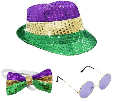 ZOOMPIL Sombrero de Lentejuelas, Sombrero de Lentejuelas Disco, Incluye Gafas de Sol Redondas Hippie, Pajarita con Lentejuelas, 3 Piezas Traje de Lentejuelas Brillantes Conjuntos de Accesorios