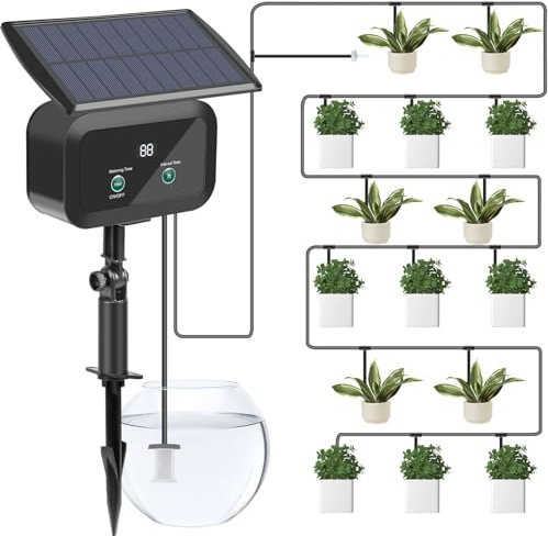 Euakee Sistema de Riego Solar para Jardín, Sistema de Riego Automático con 300 Modos de Temporizador y Manguera de 15m, Kit Riego por Goteo para Jardín, Balcón, Invernadero