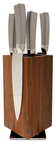 Brosisincorp Bloc à couteaux magnétique rotatif à 360° sans couteaux – Support de rangement universel pour comptoir avec poils amovibles, base en bois d'acacia et acier inoxydable, grande capacité