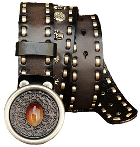 MYIESAXL Hommes Femmes Goth Crâne Clouté Vintage 1.5 (38Mm) Ceinture en Cuir Véritable pour Jeans Punk Rock Goth Biker Hip Hop Rivets Ceinture Avec Snap On