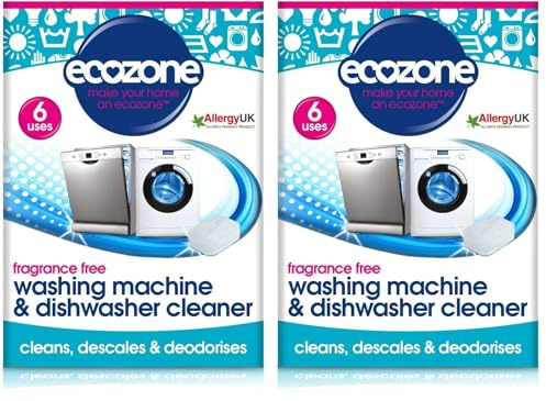 Ecozone Washing Machine & Dishwasher Cleaner Tablets, 2-in-1 Treatment Kit Cleans, De-scales & De-odorises, Fragrance Free, Plastic Free, Natural Vegan Friendly Plant-Based Cleaning (Pack of 12)